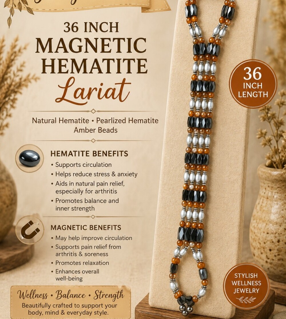36" Magnetic Hematite Lariat Necklace with Amber Accents